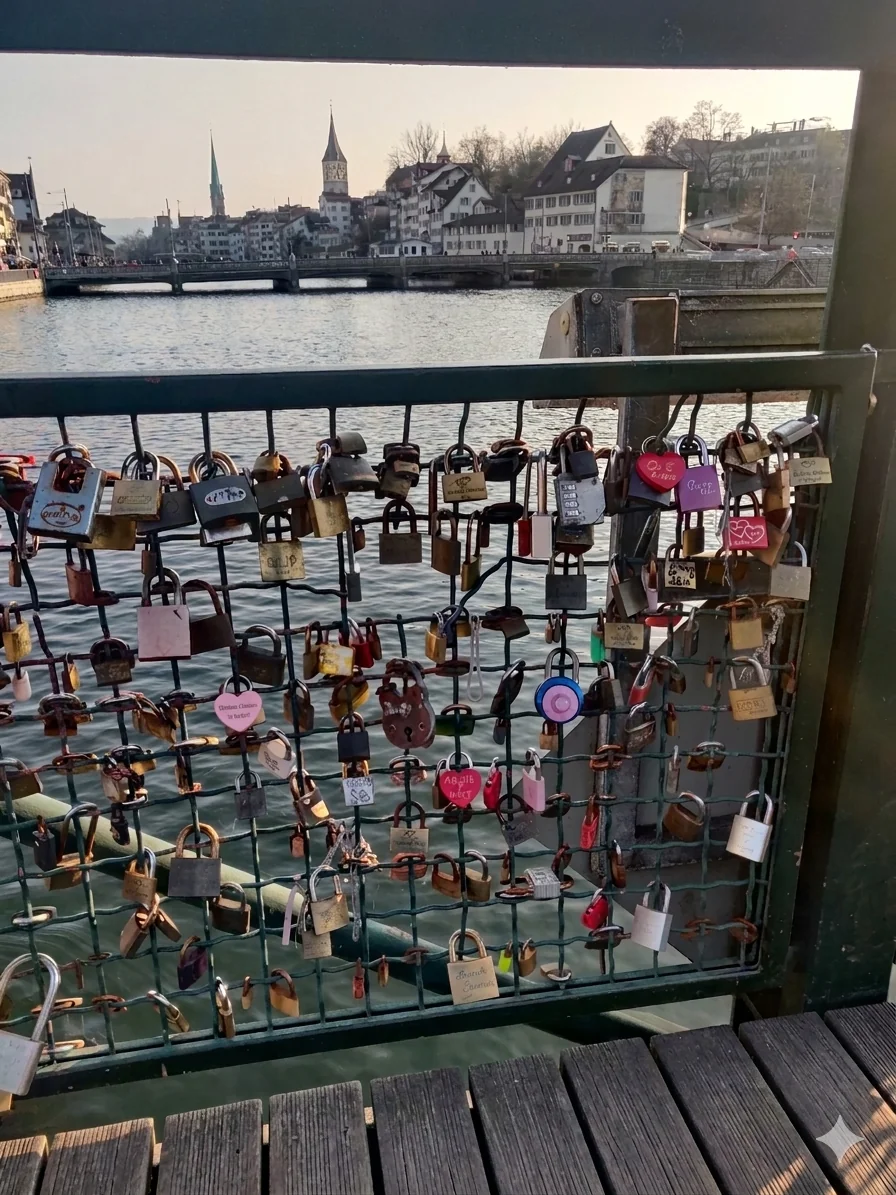 Love locks by the river in Zurich